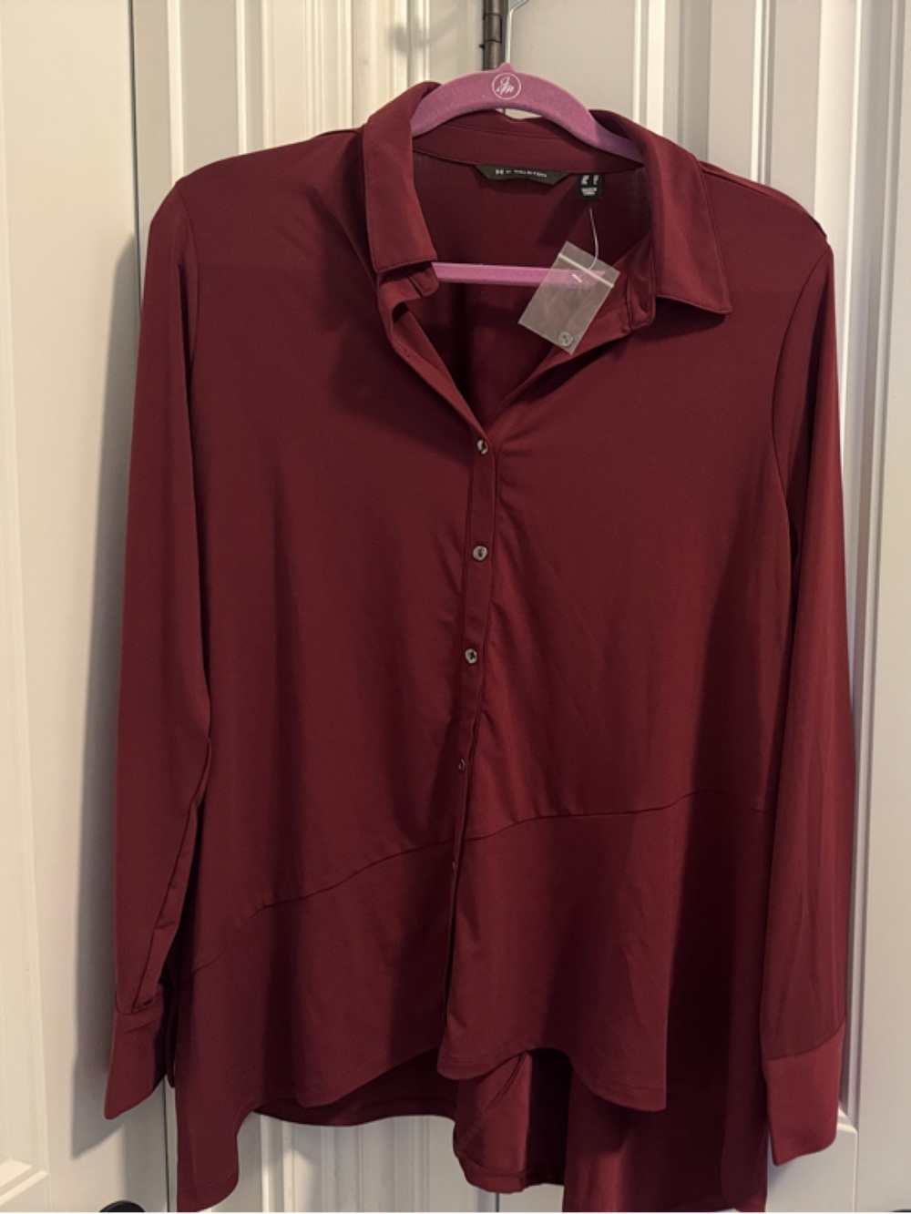 H by Halston Burgundy Button-Down Blouse with asymmetric hem